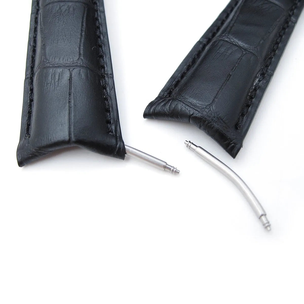 19, 20, 21, 22, 23 mm CrocoCalf (Croco Grain) Matte Black Semi-Curved Watch strap, Black Stitching, P