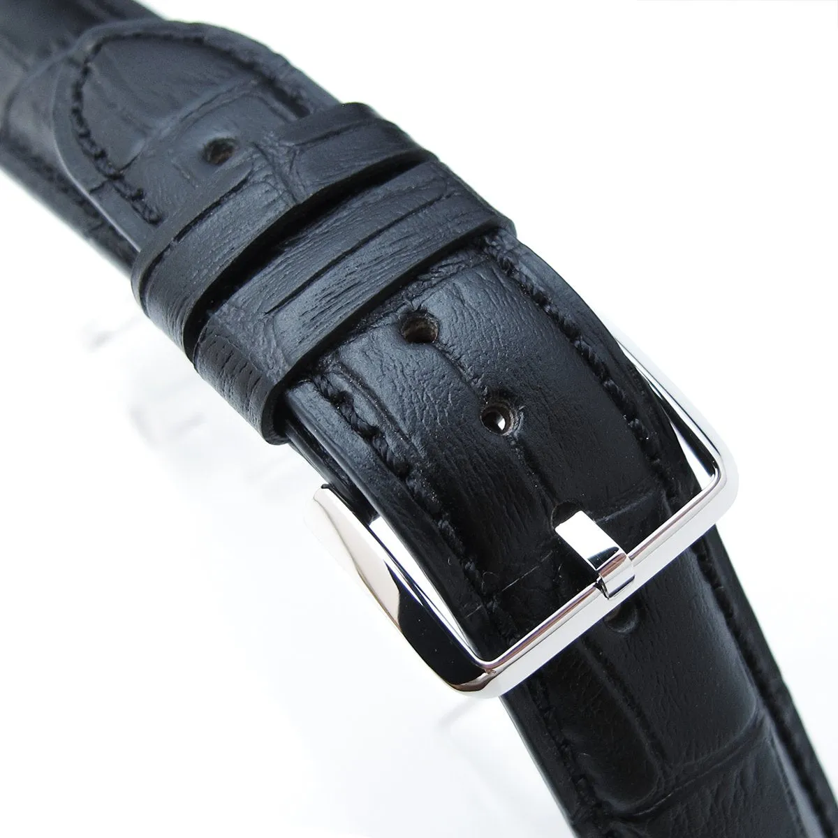 19, 20, 21, 22, 23 mm CrocoCalf (Croco Grain) Matte Black Semi-Curved Watch strap, Black Stitching, P