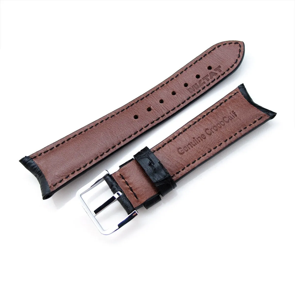 19, 20, 21, 22, 23 mm CrocoCalf (Croco Grain) Matte Black Semi-Curved Watch strap, Black Stitching, P
