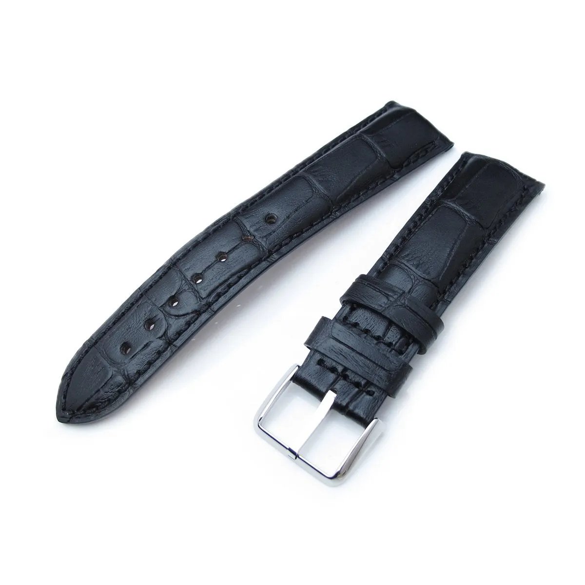 19, 20, 21, 22, 23 mm CrocoCalf (Croco Grain) Matte Black Semi-Curved Watch strap, Black Stitching, P