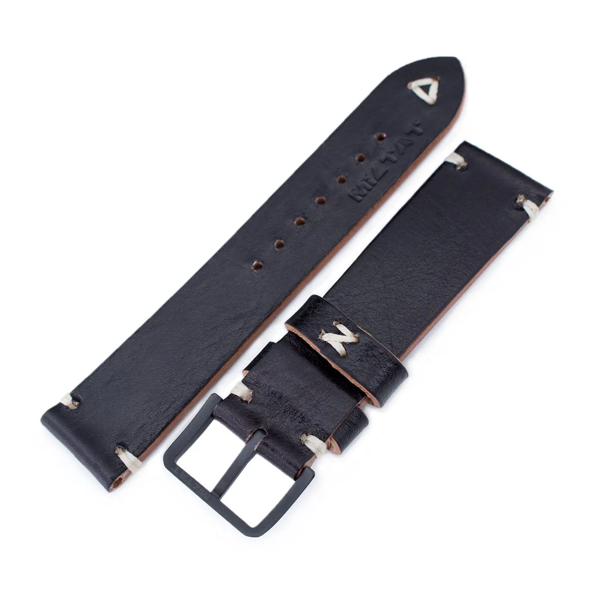 20mm, 21mm, 22mm MiLTAT Black Genuine Calf Leather Watch Strap, Beige Stitching, PVD Black Buckle