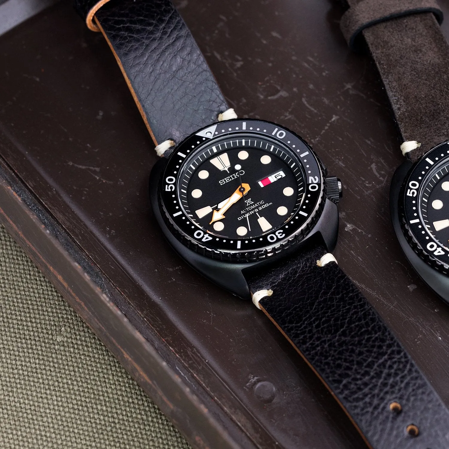 20mm, 21mm, 22mm MiLTAT Black Genuine Calf Leather Watch Strap, Beige Stitching, PVD Black Buckle