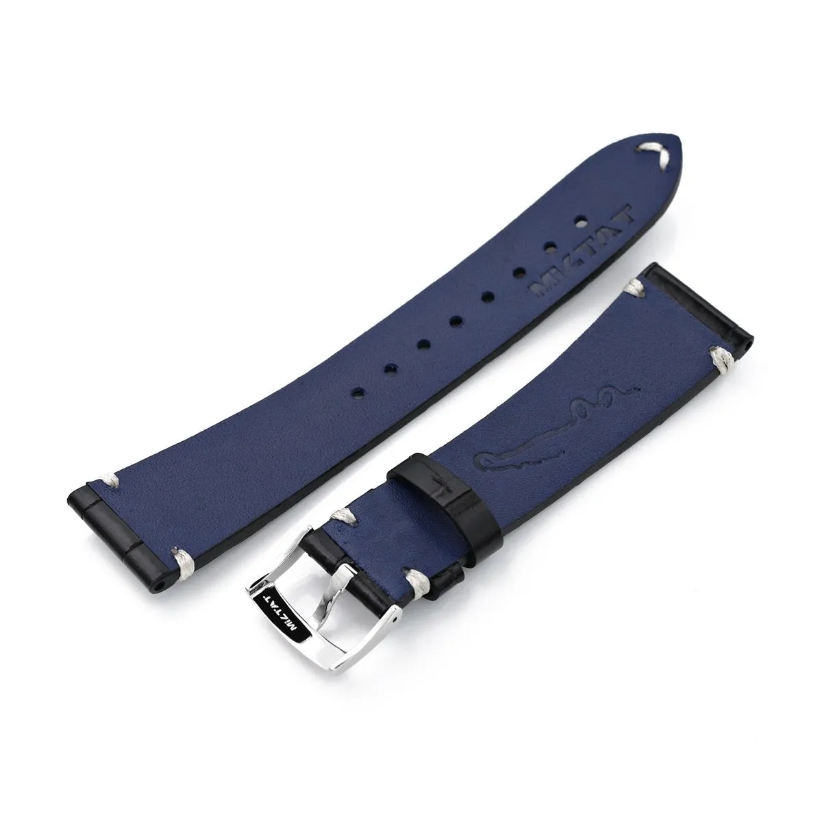20mm, 21mm or 22mm MiLTAT Genuine American Alligator Square Scale, Semi Matte Black Watch Strap