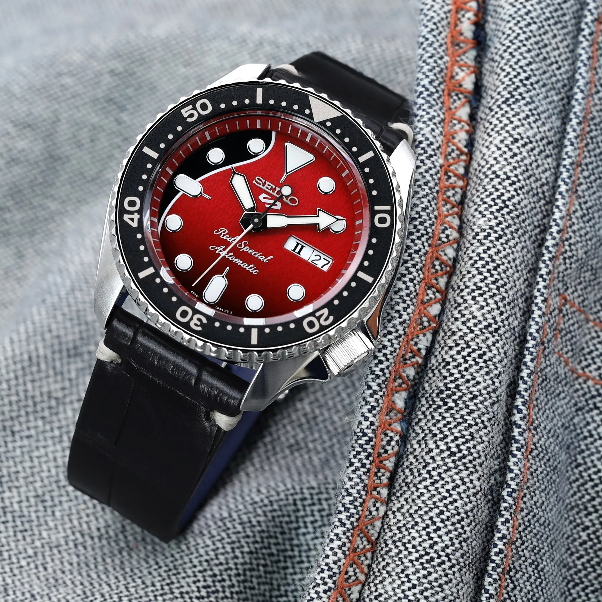 20mm, 21mm or 22mm MiLTAT Genuine American Alligator Square Scale, Semi Matte Black Watch Strap