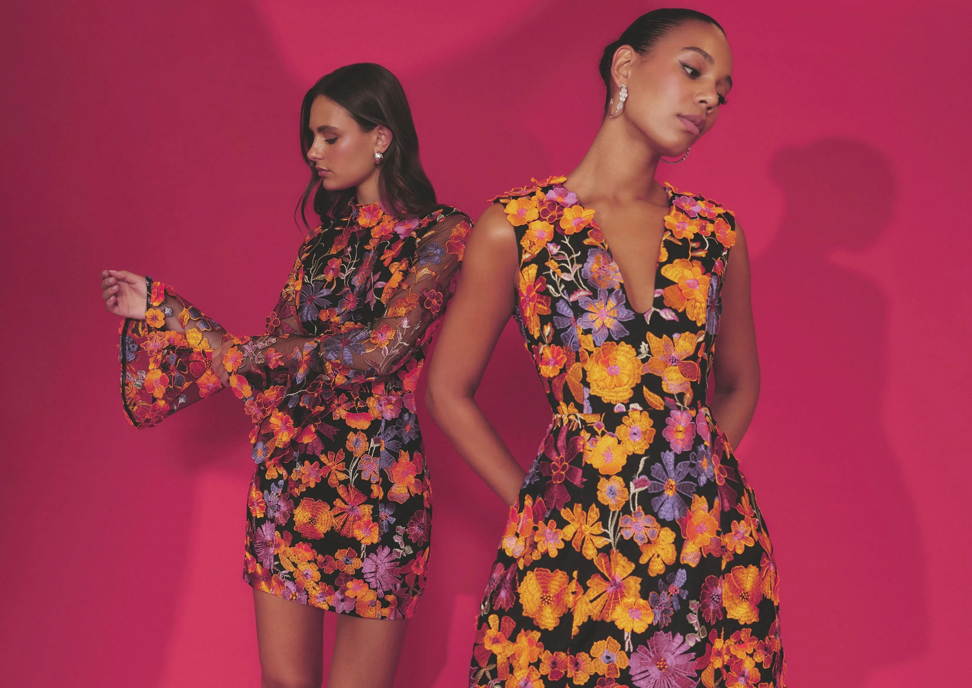 3D Floral Mini Dress with Fluted Sleeves - Orange Multi
