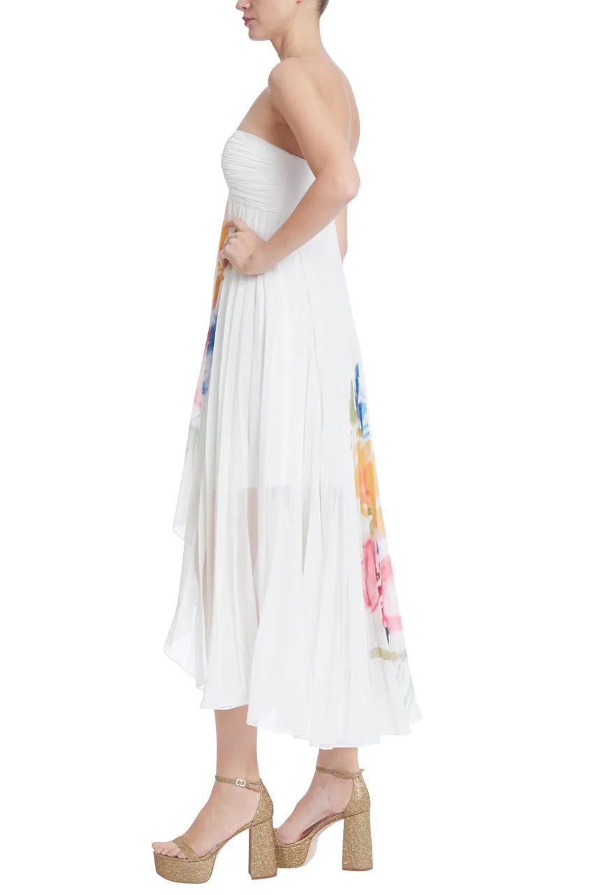Badgley Mischka Floral Strapless High Low Pleated Dress