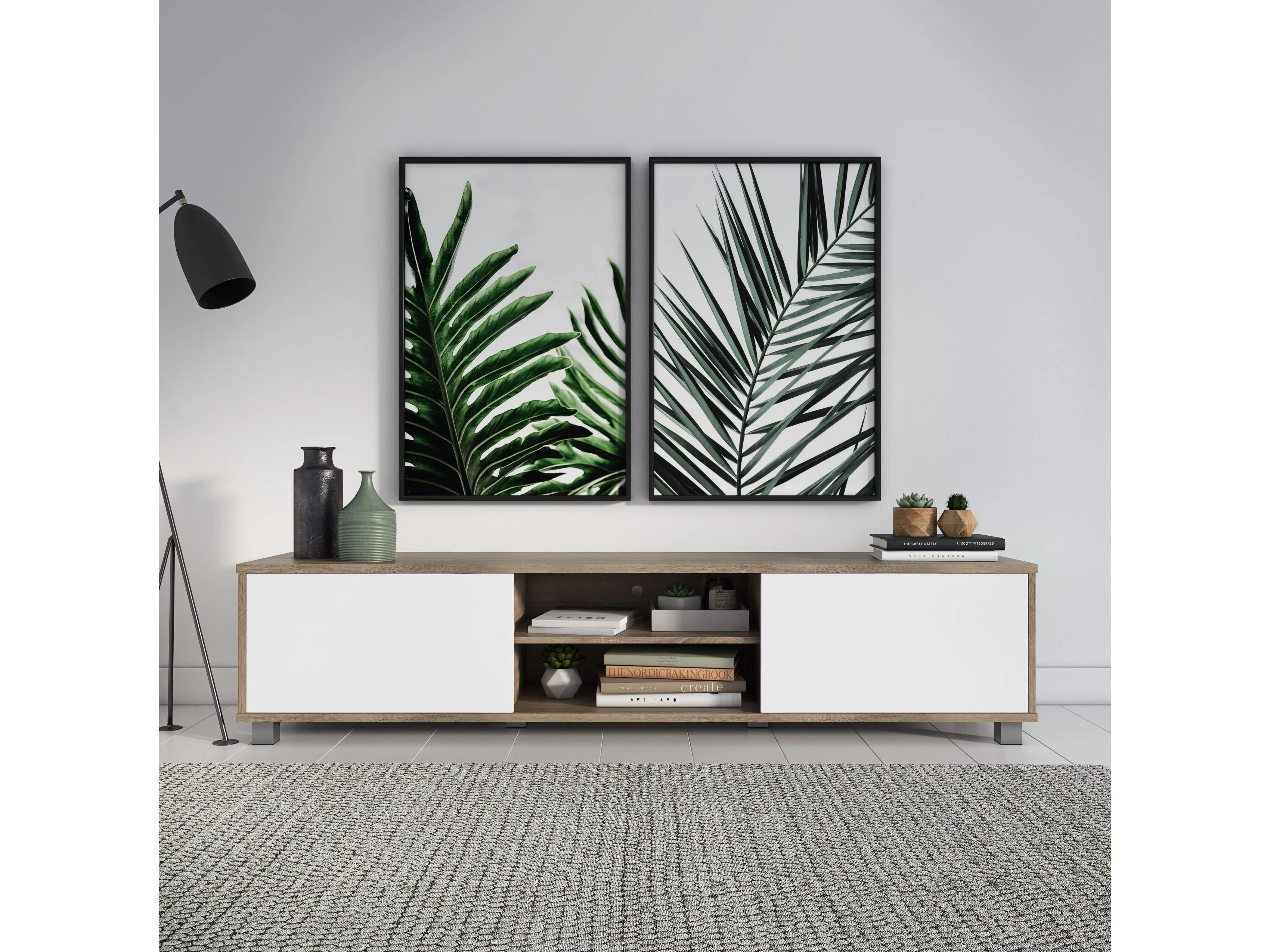 Brown and White Modern TV Stand, TVs up to 85"