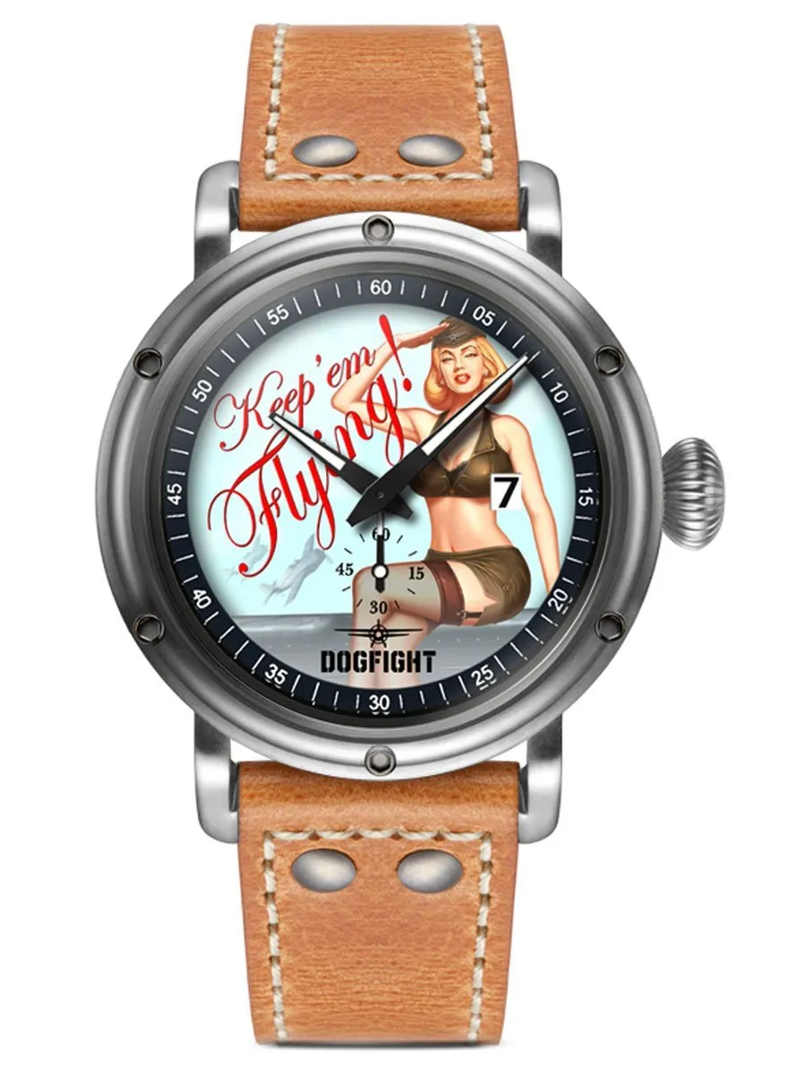 Dogfight PIN-UP COLLECTION "Keep 'em Flying" Brown Leather Mens Pilot Watch DF0040