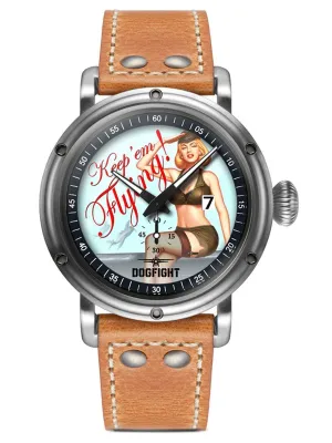 Dogfight PIN-UP COLLECTION "Keep 'em Flying" Brown Leather Mens Pilot Watch DF0040