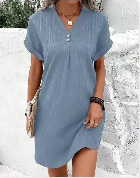 Fashion V-neck Short-sleeved Dress Casual Solid Strip Button Dresses Womens Clothing
