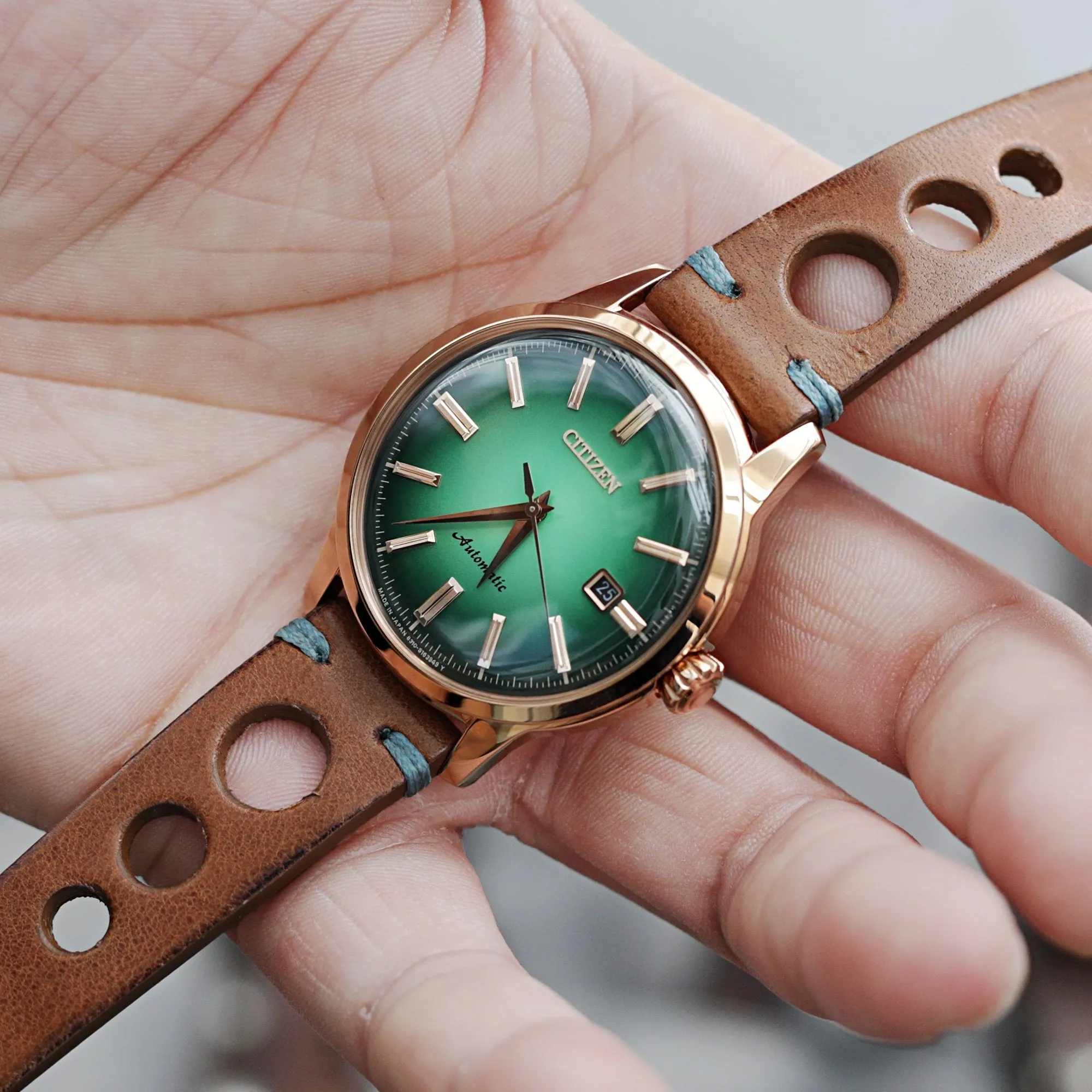 Q.R. 20mm Brown Leather Italian Handmade Racer strap, Blue St.