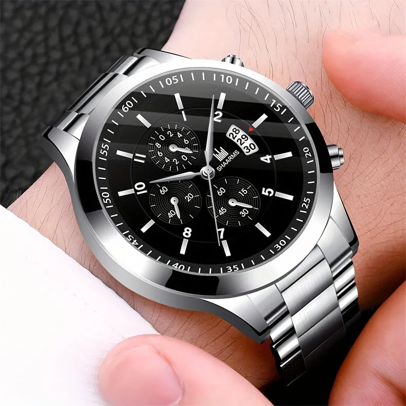 Stylish Mens Watch  Steel Bracelet Set Ideal Gift