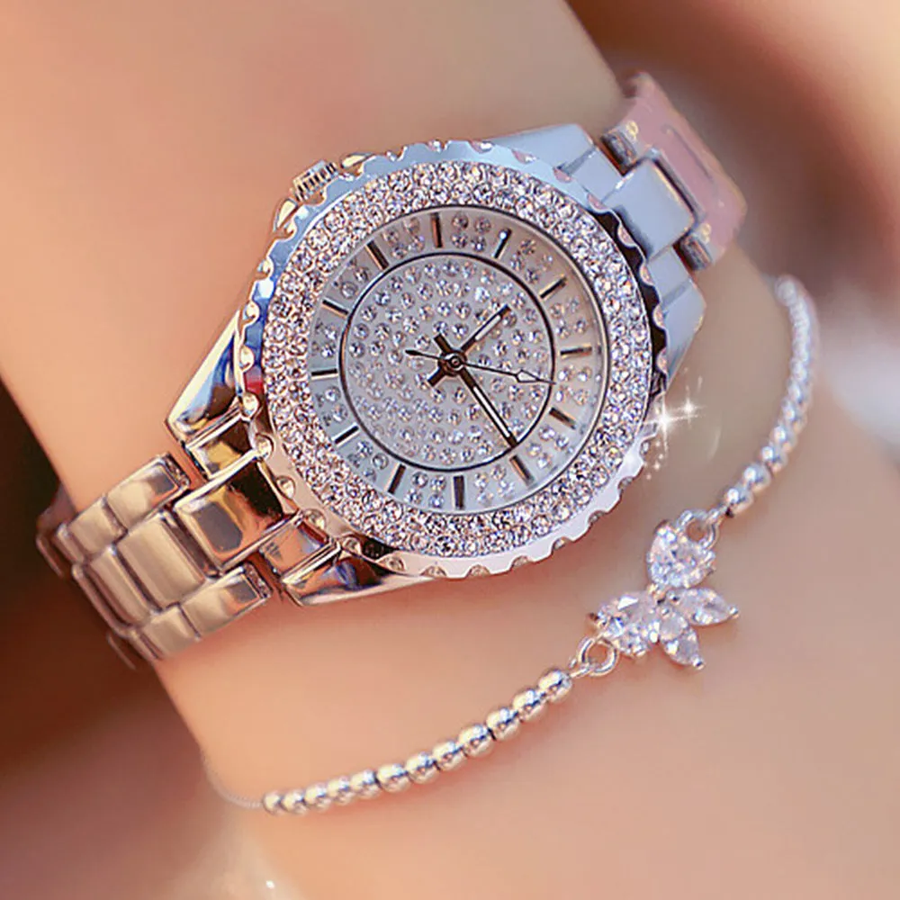 Temperament Super Shiny Plate Bottom Diamond Quartz Watch Set All-Match Diamond Bow Beaded Bracelet