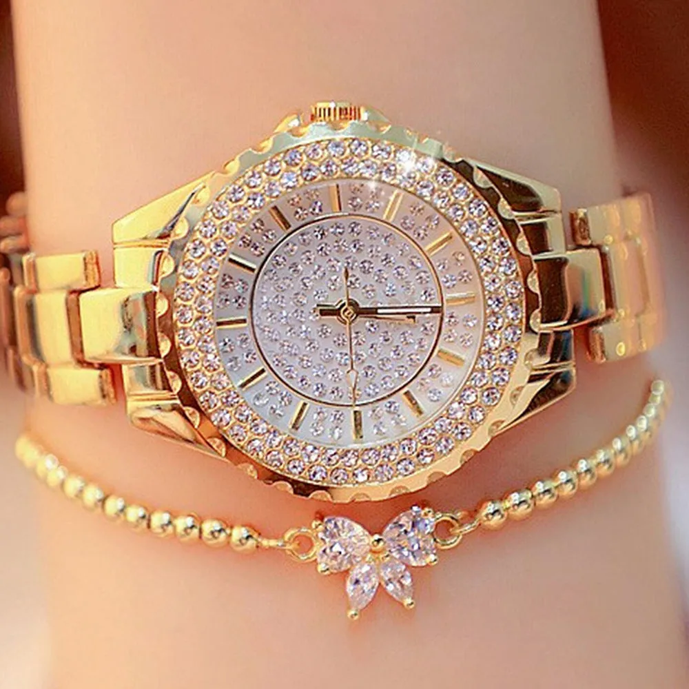 Temperament Super Shiny Plate Bottom Diamond Quartz Watch Set All-Match Diamond Bow Beaded Bracelet