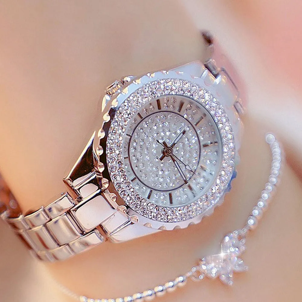 Temperament Super Shiny Plate Bottom Diamond Quartz Watch Set All-Match Diamond Bow Beaded Bracelet