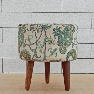 Wooden Cream Pouf Ottoman For Living Room | Wood Stool & Chair